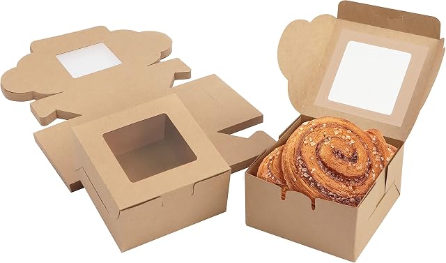 Belle Vous Brown Paper Kraft Single Bakery Pastry Boxes with Windows (50 Pack) - 10.16 x 10.16 x 5.7cm/ 4 x 4 x 2.24 inches - Disposable Packaging Boxes for Cookies, Cup Cakes, Desserts, Pies & Gifts