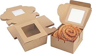 BELLE VOUS Brown Paper Kraft Single Bakery Pastry Boxes with Windows (50 Pack) - 10.16 x 10.16 x 5.7cm/ 4 x 4 x 2.24 inches - Disposable Packaging Boxes for Cookies, Cup Cakes, Desserts, Pies &amp; Gifts