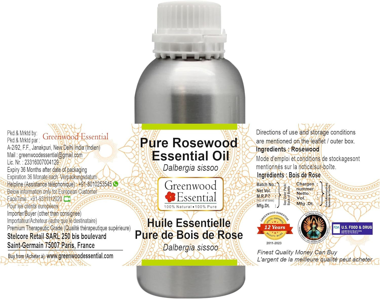 Greenwood Essential Pure Rosewood Essential Oil (Dalbergia Sissoo) Steam Distilled 1250ml (42.2 oz)