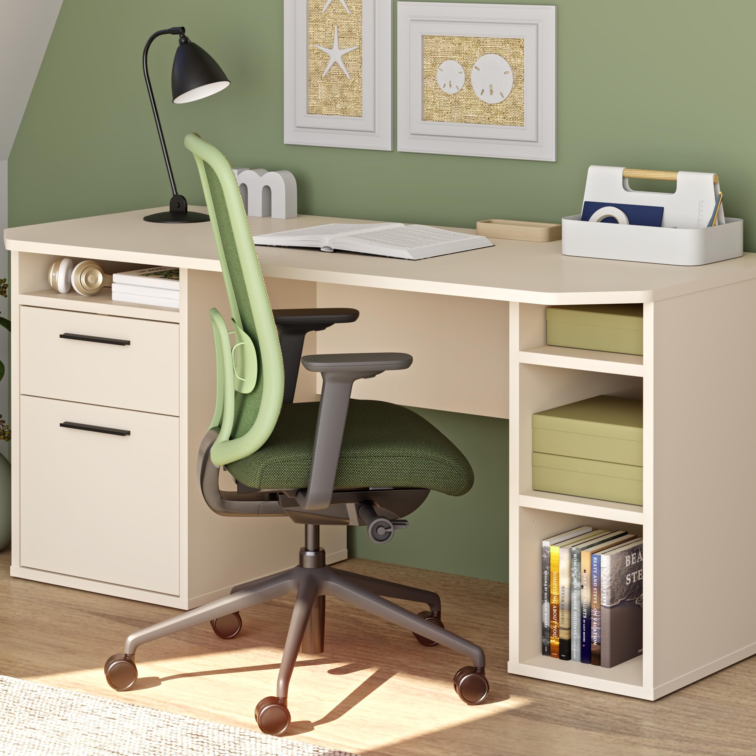Forte TEZAUR Schreibtisch 160, moderner Schreibtisch mit Schublade, Tür und vielen Fächern, Jugendzimmer, Büro, Holzwerkstoff, Kaschmir Beige, 160 cm breit x 75,7 cm hoch x 72 cm tief