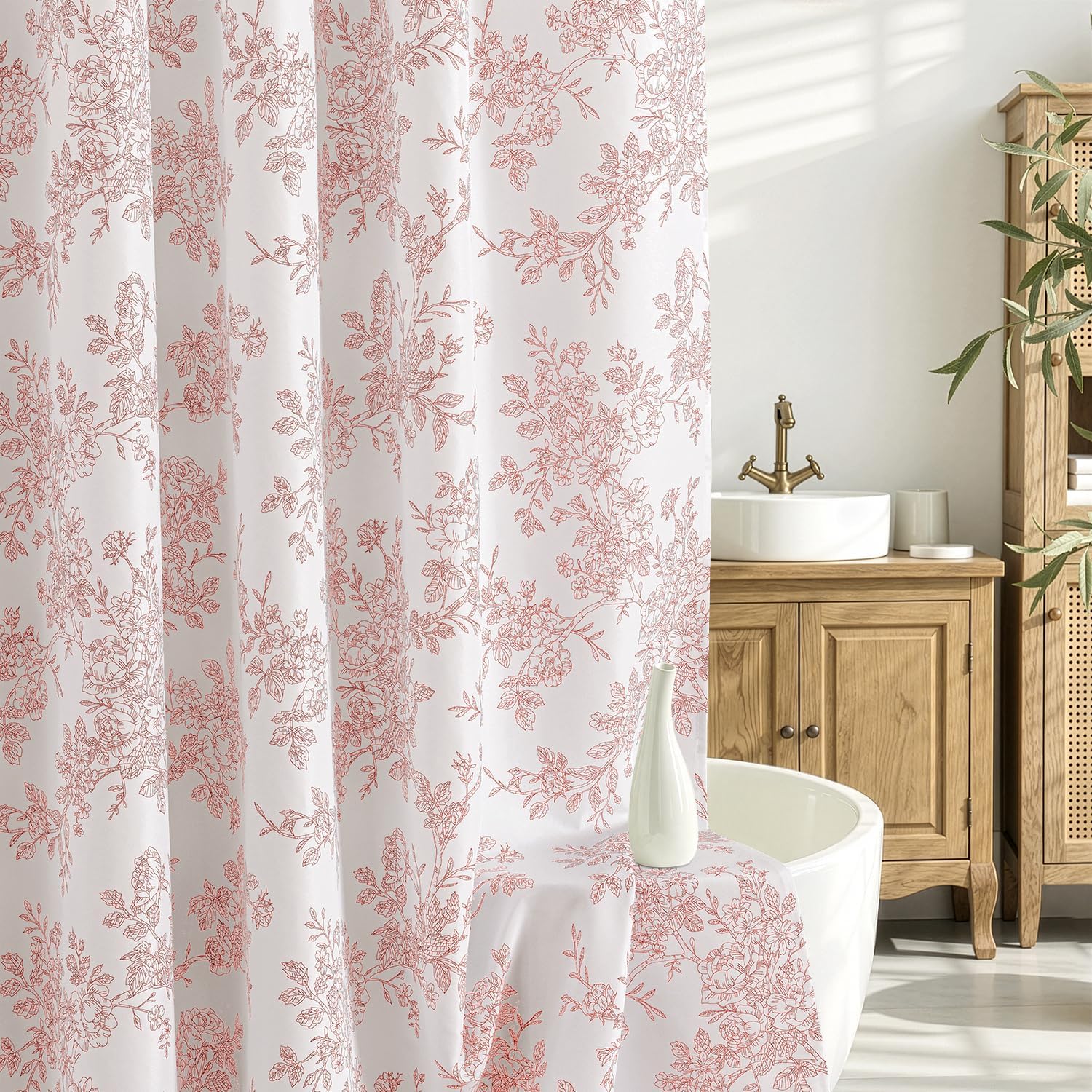 Extra Long Pink Floral Shower Curtain 84 Inch Long, Linen Textured Fabric with 12 Rustproof Metal Hooks,Wrinkle Resistant Washable Bathroom Decor for Cottagecore Spring Style, W72* L84