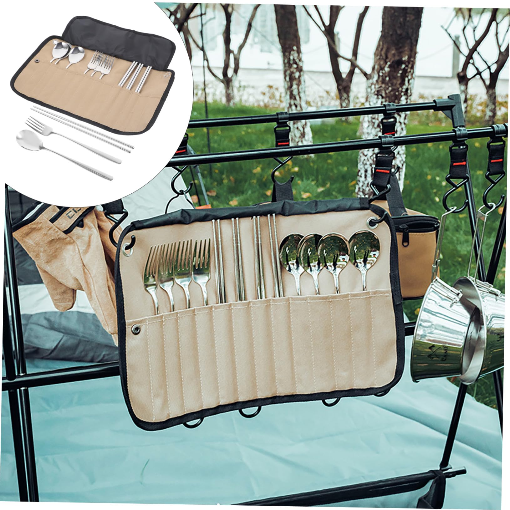 Camping Besteckset mit Besteck und Geschirr für Outdoor Camping Picknick Zubehör und Campingzubehör Besteck in Praktischer Tasche für Sommeratmosphäre