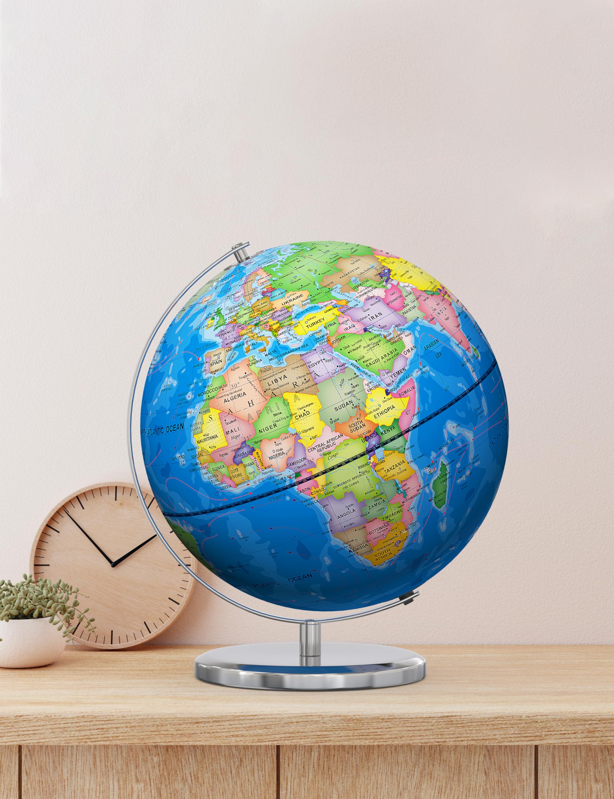 Globo mundial grande de 13 pulgadas con soporte, globo educativo para el aprendizaje de los niños, detalles coloridos del mapa del mundo HD, lámpara de globos iluminados con base estable de 7