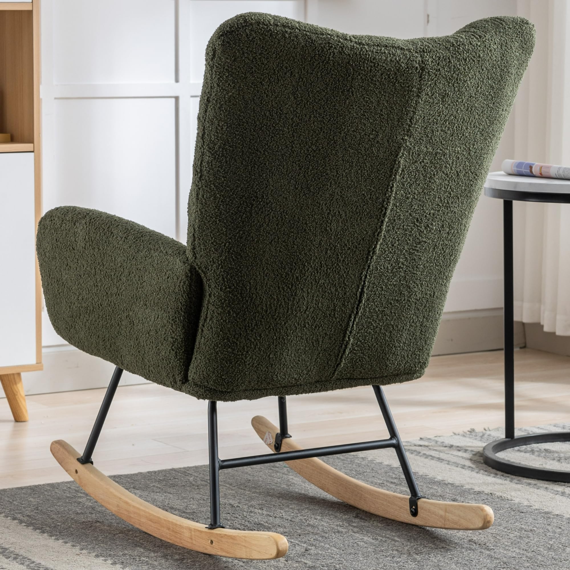 SPOFLYINN Rocking Chair for Nursery Wingback Glider Rocker with Safe Solid Wood Base Soft Teddy Fabric Rocking Chair for Living Room Bedroom Dark Green