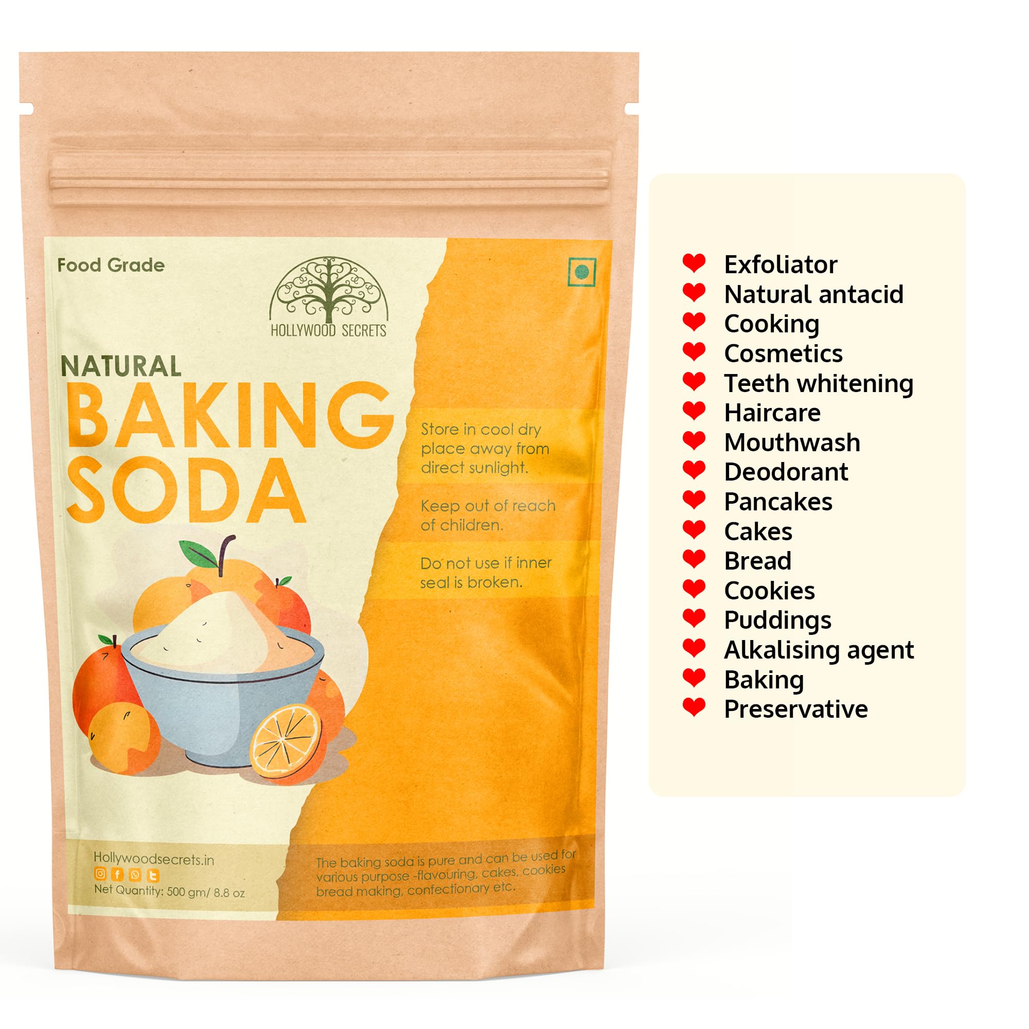 Hollywood Secrets Baking Soda Pure Food Grade Sodium Bicarbonate 500gm for Baking & Cleaning 1