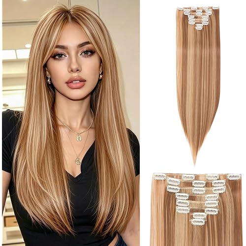 S-noilite 8pcs Clip In On Hair Extension 26" Full Head Long Straight Clip in Hair Extenisons with Highlights Synthetic Thick Hairpieces for Women Girls(26", Light brown & Ash blonde)