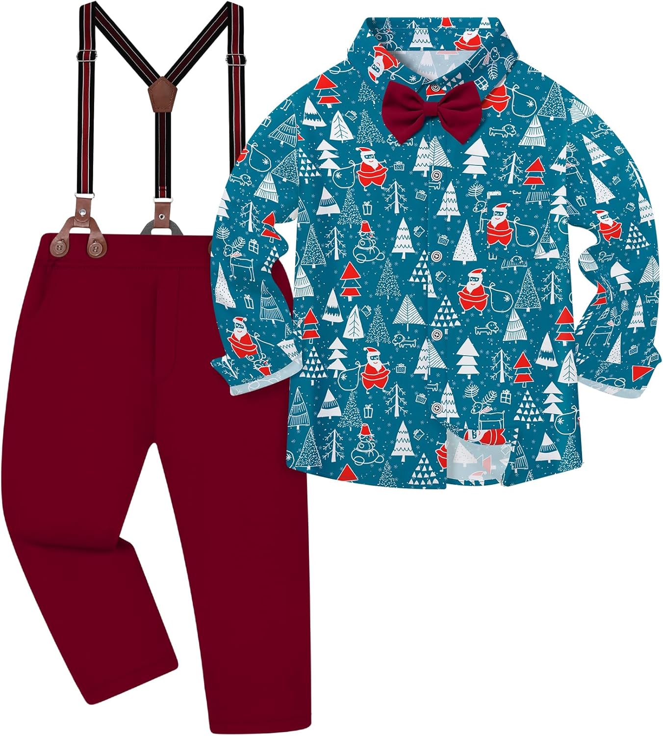 DISAUR Boys Christmas Outfit 3 Piece Dress Shirt with Bowtie and Suspender Pants Formal Wedding Ring Bearer Clothes 4-12Y