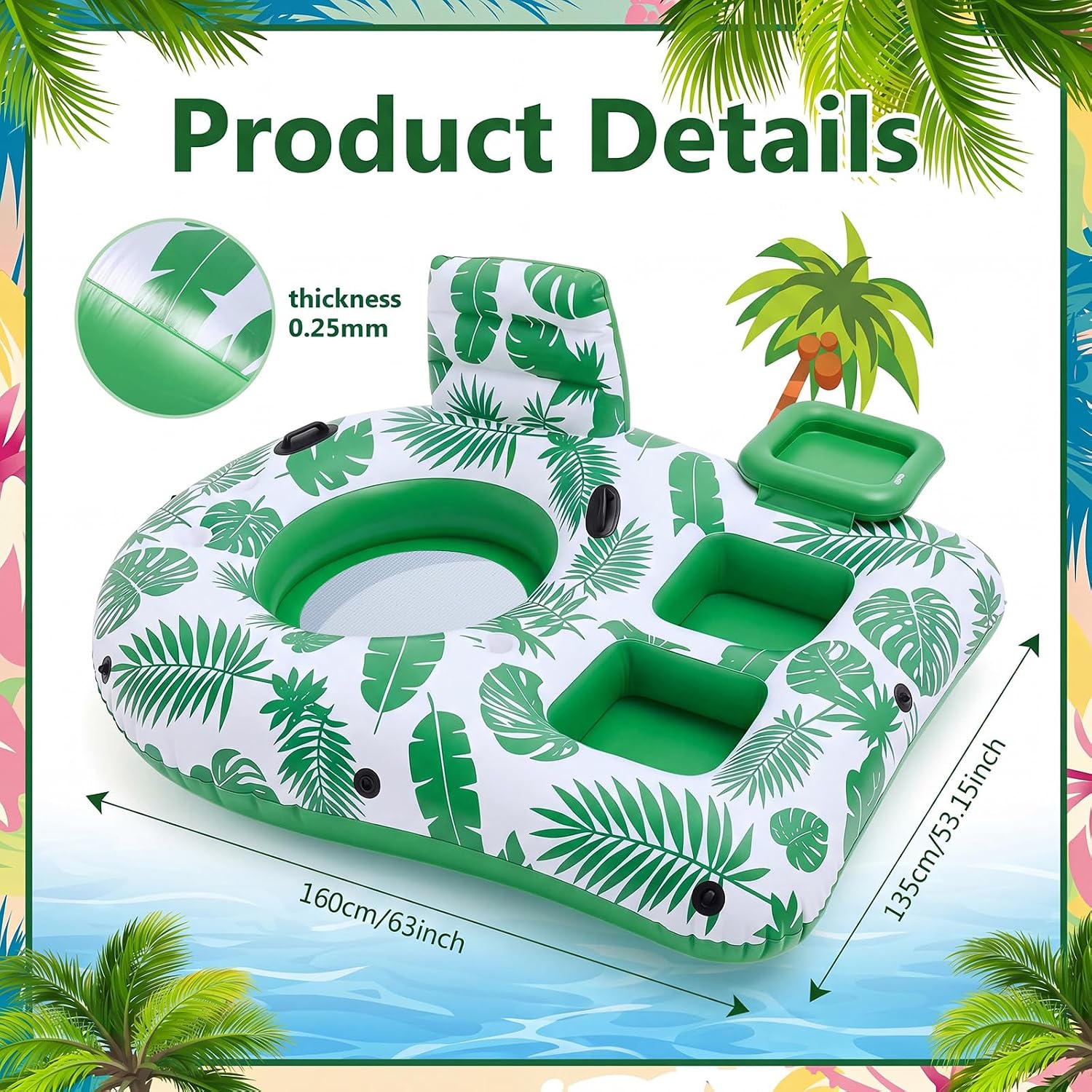 Hungdao Pool Lounger Float with Cooler Backrest Cup Holders Palm Leaf | Heavy Duty Pool Float with 2 Cup Holders, Grab Handles, Floating Raft, Recreational Floaties, Pool Party, Outdoor Water Fun