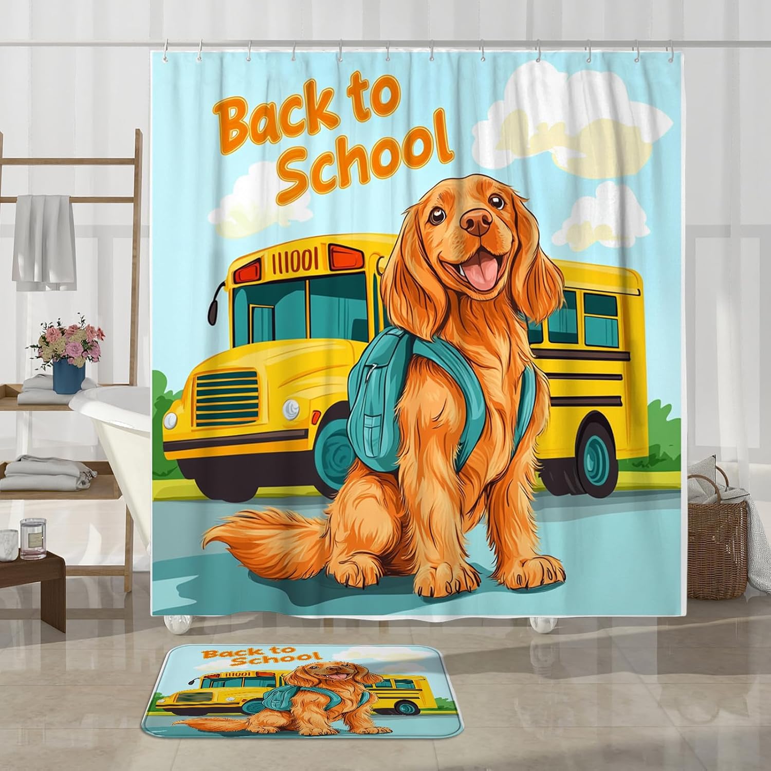 4PCS Irish Setter Dog School Bus Bathroom Accessory Sets with Non-Slip Rug, U Shape and Toilet Lid Cover Mat, Fun Back to School Puppy Bathroom Decorative-72''x72''