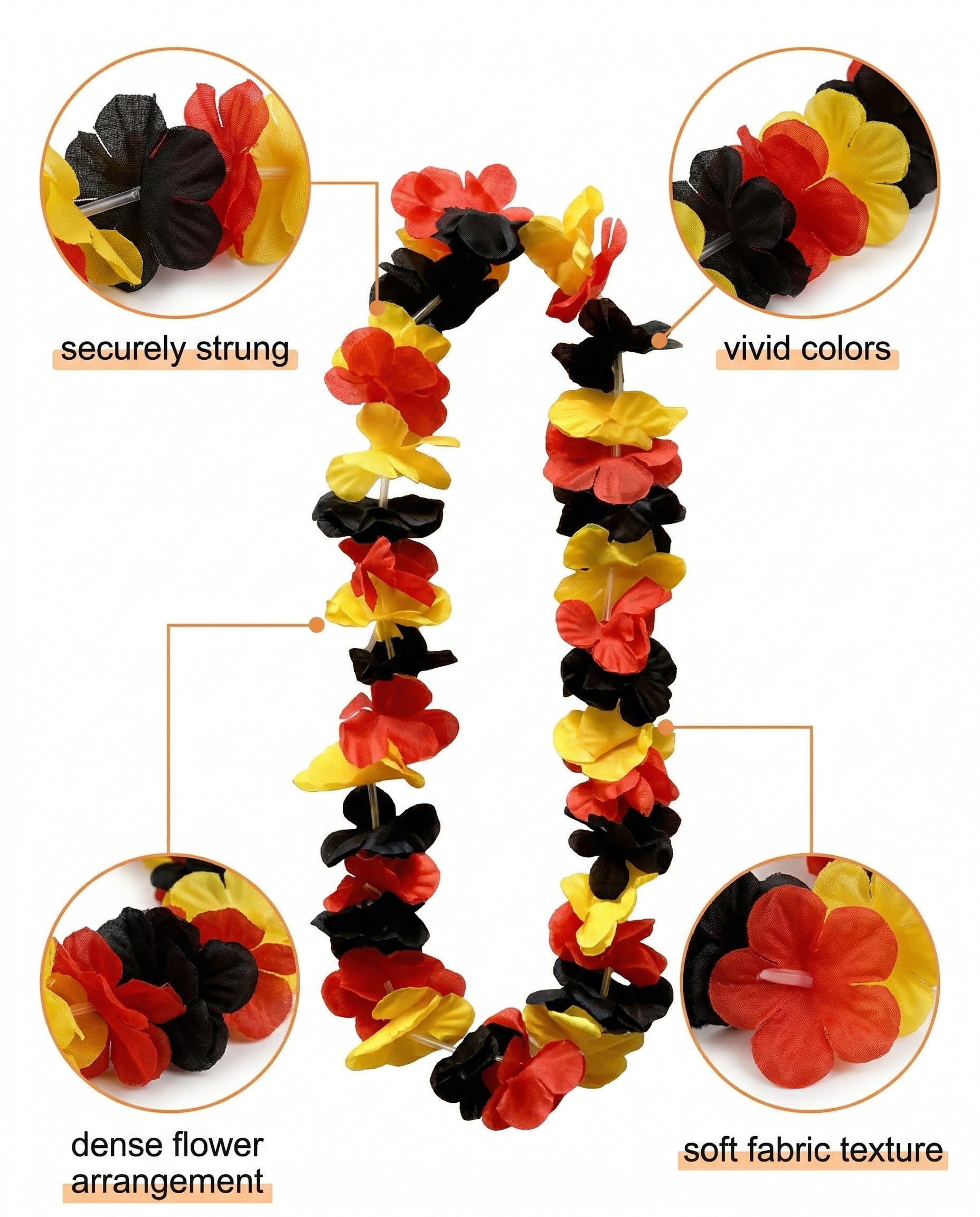 Colliers de Fleurs Allemagne 6 Pièces – Leis Hawaïens Noir Rouge Or pour Supporters Football & Fêtes Nationales