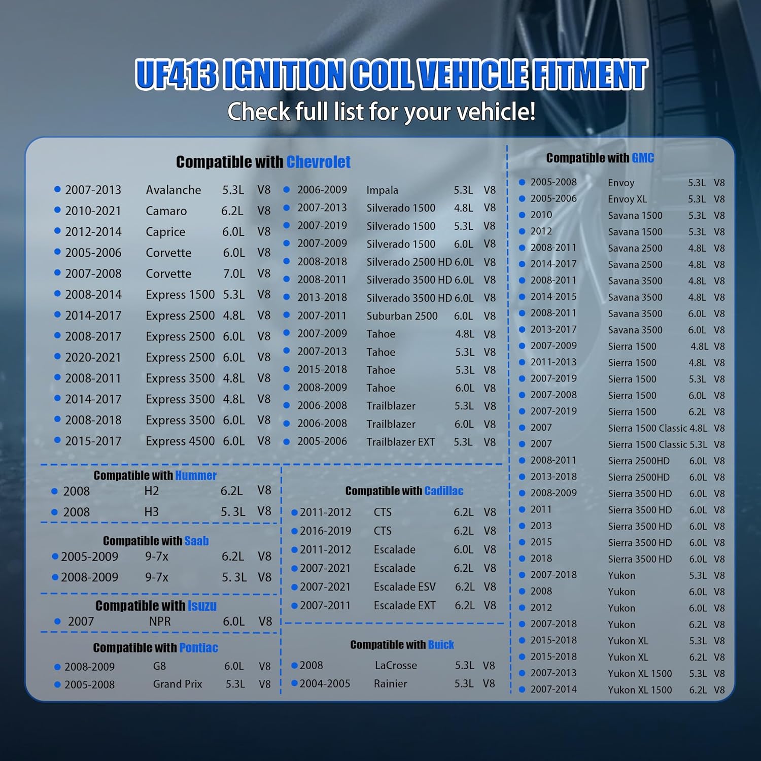 8PCS UF413 Square Ignition Coil Pack Compatible with Chevrolet GMC Cadillac Silverado Tahoe Suburban Sierra Yukon Avalanche Impala Camaro Corvette 5.3L 6.0L 6.2L V8, Replaces D510C 12570616 12611424