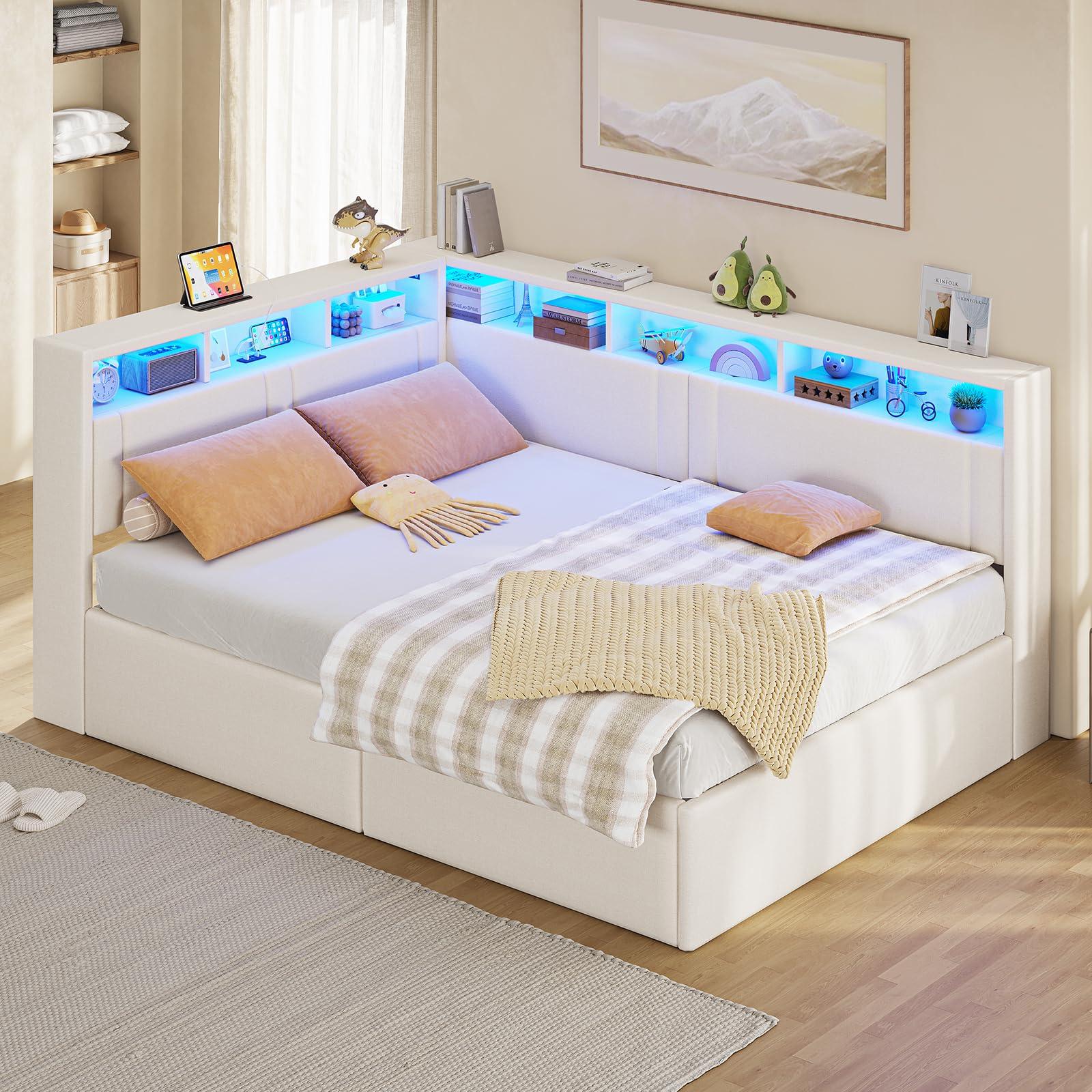 AOGLLATI Letto Singolo con Contenitore 90x200 cm, Letto Salvaspazio, Beige