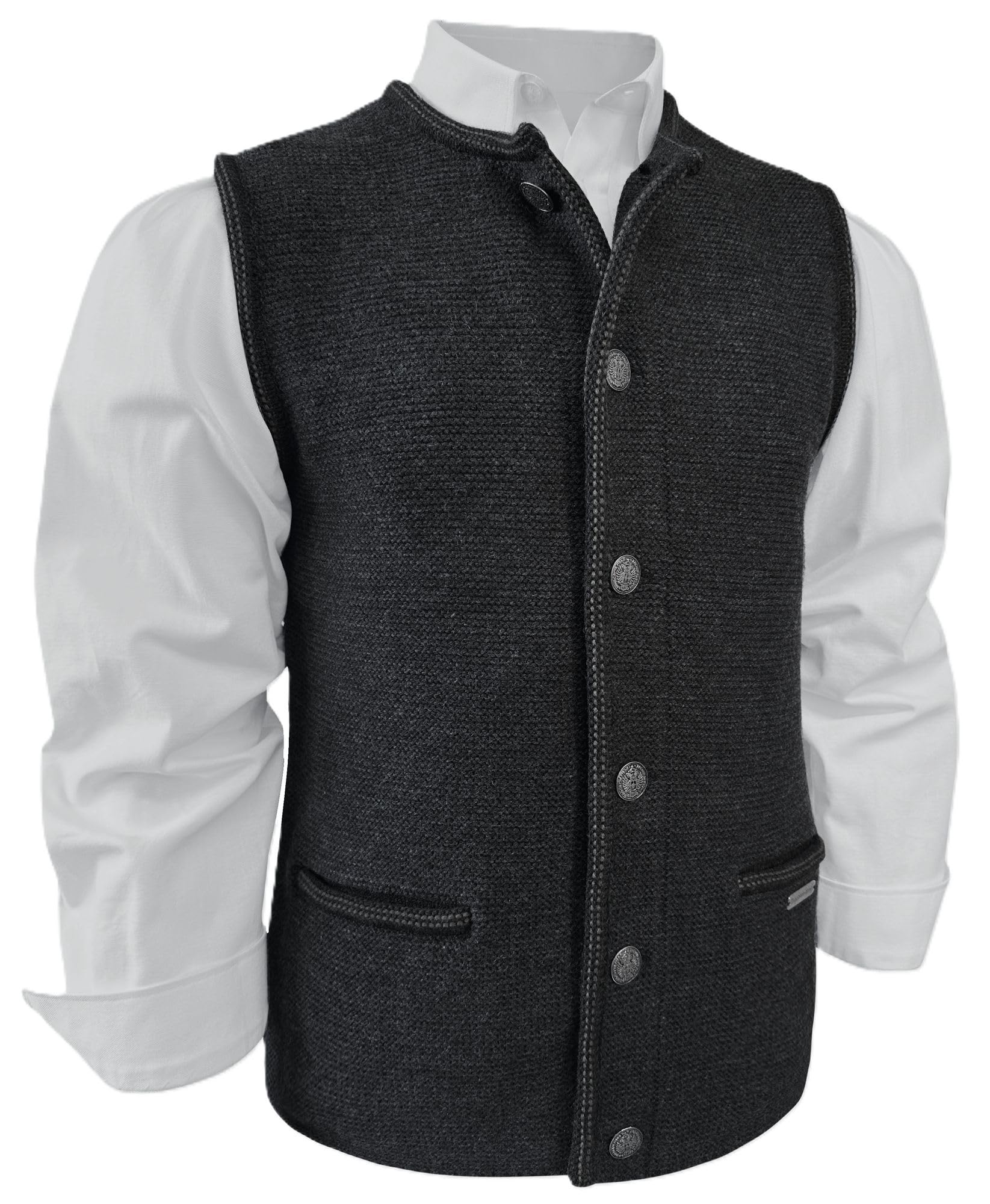 Trachtenweste Strickweste Trachtengilet Strickgilet Strickjacke ohne Arm Gilet Herren Trachtenjacke Jacke ärmellos Weste Schurwollmischung Strick waschbar dunkelgrau braun