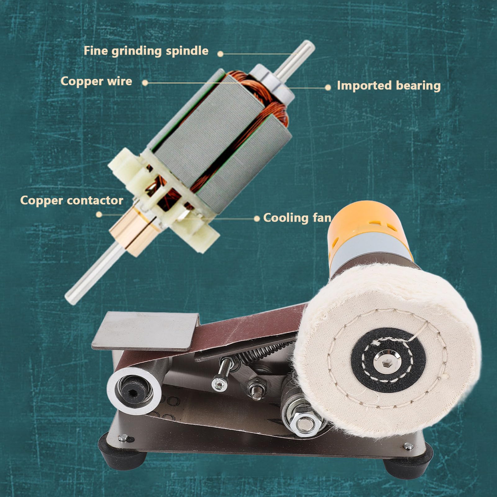 Ponceuse à Bande Stationnaire, Ponceuse à Rouleaux électrique Ponceuse à Bande avec Bandes Abrasives Disques de Ponçage Accessoires Machine de Polissage Réglable en 7 étapes avec