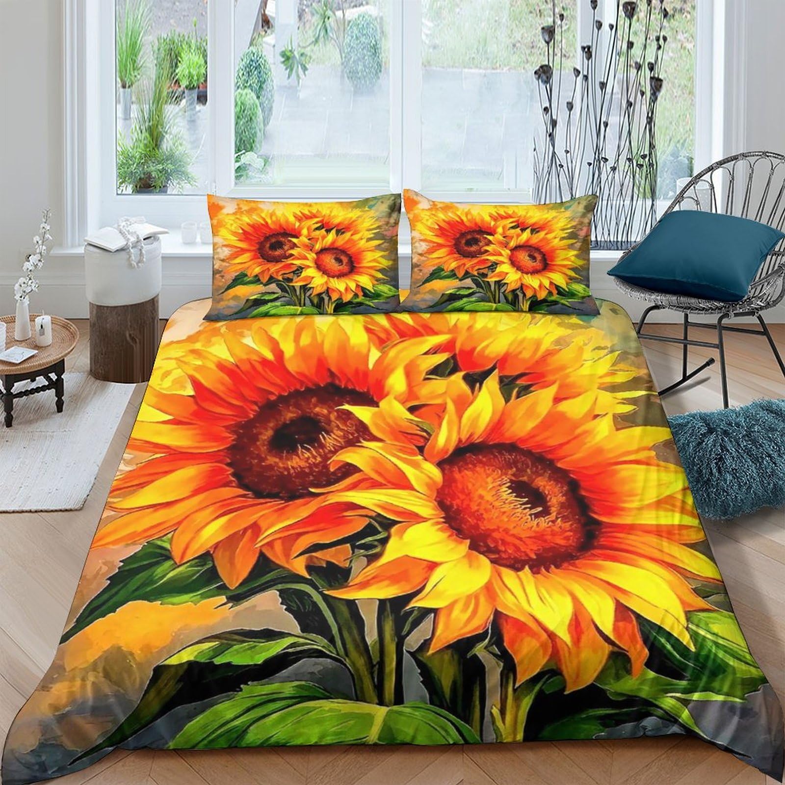 Housse de couette tournesol zippée et anti-plis en microfibre douce King Size