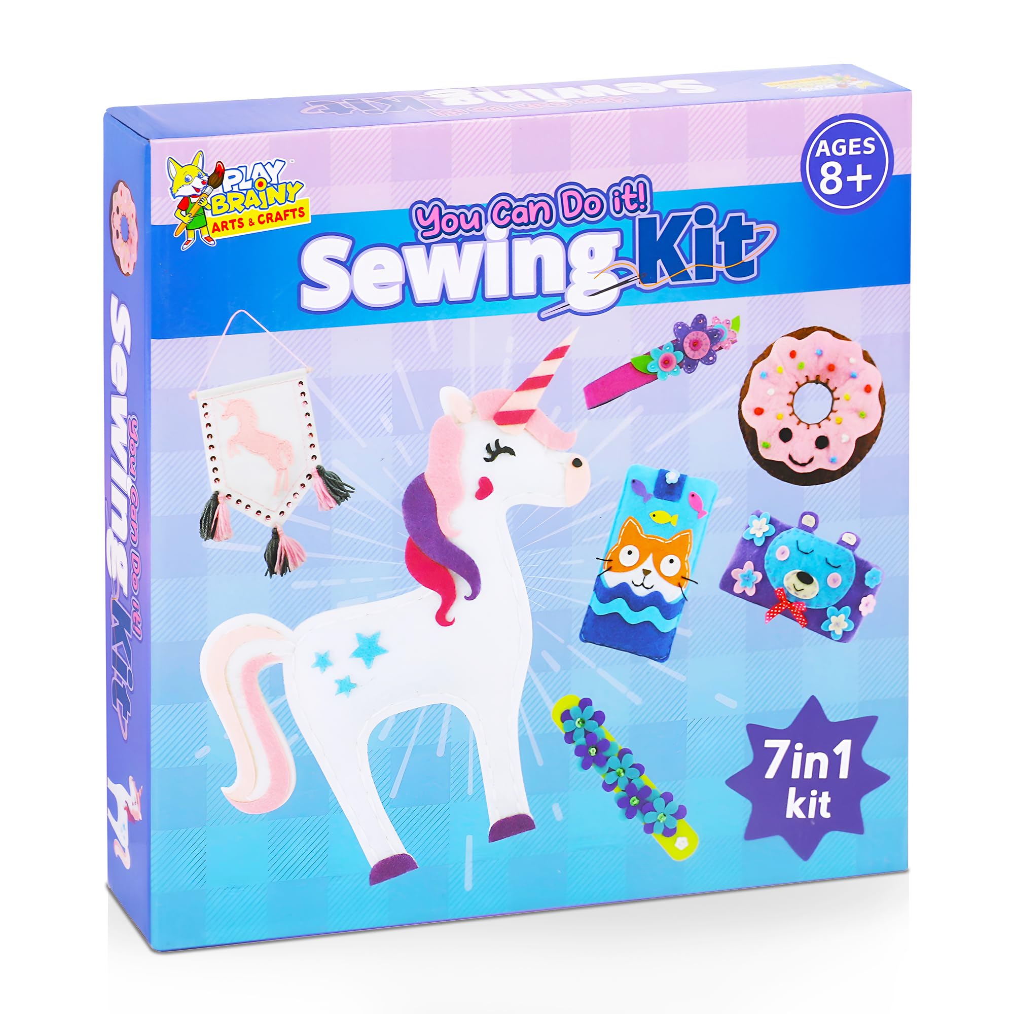 Play Brainy 7 in 1 Sewing Kits for Kids 8-12 - 14 Piece Sewing Kit for Beginners, Creative Arts & Crafts Kids Activity - DIY Make Your Own Pencil Case, Unicorn, & More - Play & Learn Sewing Kit Kids