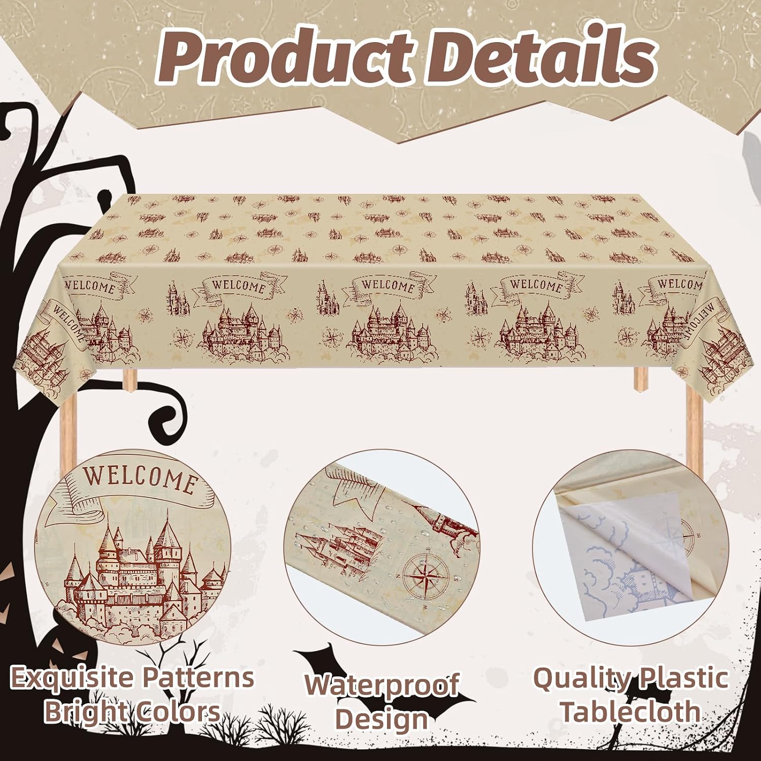 SpinLaLa 3-Pack 54 x 108 Inch Wizard Party Tablecloth – Vintage Magic Castle Plastic Table Covers for Halloween Decorations, Witch Party, and Wizard School Theme Setup
