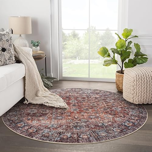Miniatura 6 de LIVEBOX Alfombra redonda bohemia lavable de 4 pies, alfombra tradicional para dormitorio, alfombra retro ultrafina con estampado rojo, alfombra