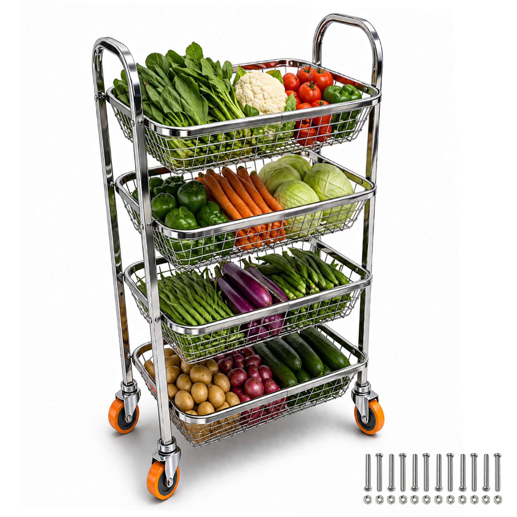 MIKANIX Stainless Steel Vegetable & Fruit Storage Rack with Wheels, Kitchen Storage Basket Organizer, Rust Proof Stand for Onion, Potato, Fruits & Vegetables Trolley (4 Rack Trolley)-image-1