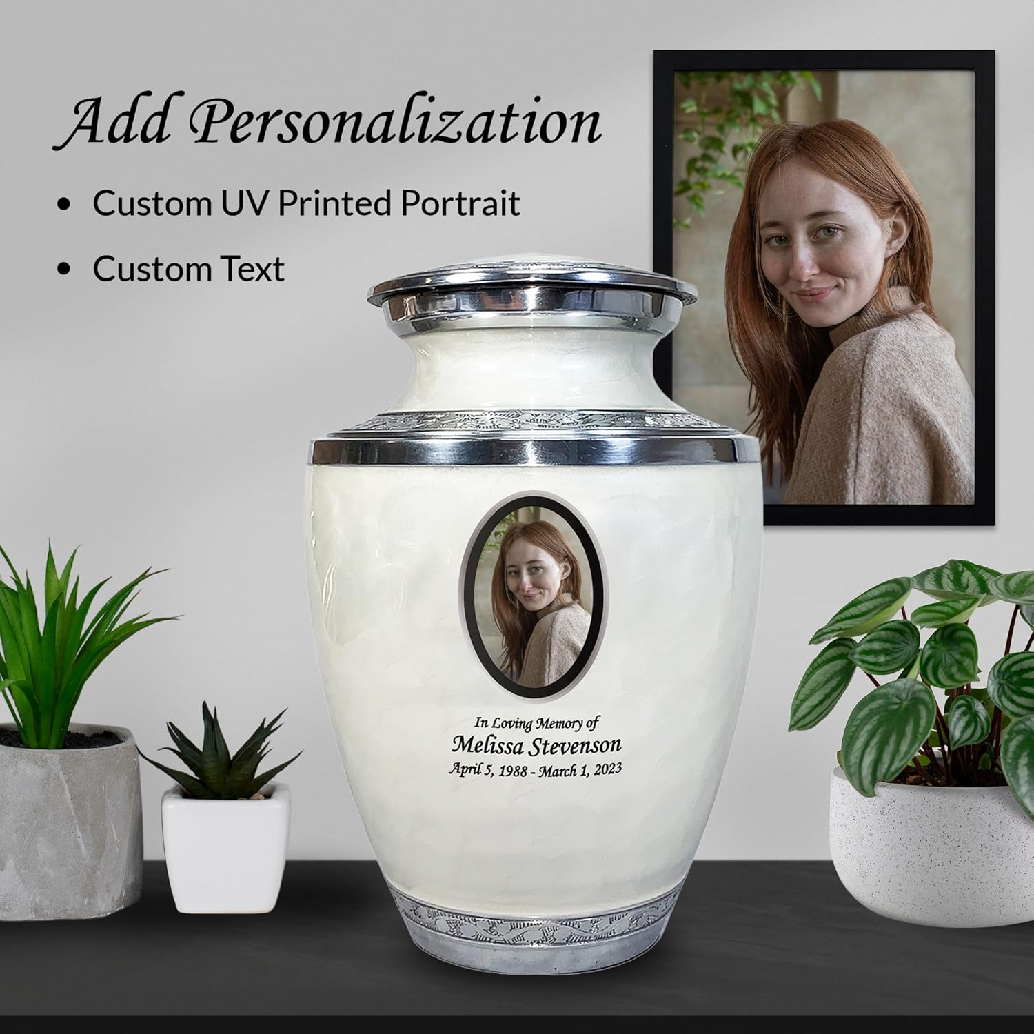 Personalized Photo Cremation Urns for Adult Human Ashes, Large Custom Engraved Picture Memorial Urn for Men and Women with Velvet Bag, Holds 230 lbs (White)