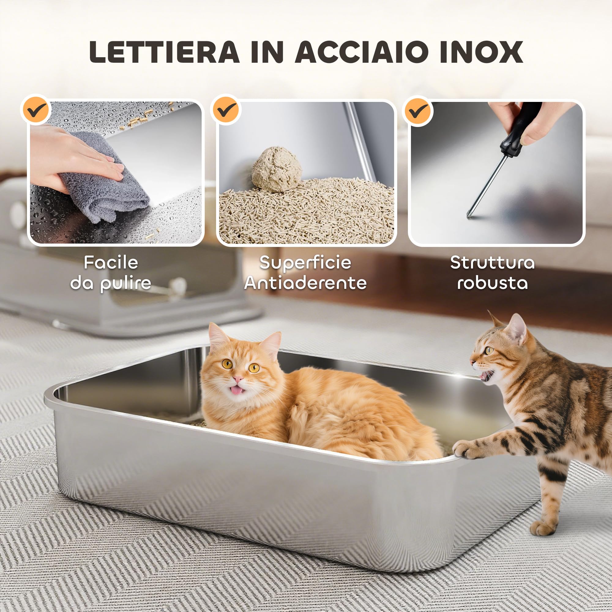 PawHut Lettiera per Gatti XXL con Coperchio in Acciaio Inox, Lettiera Chiusa con Coperchio Apribile a 90°, Doppie Porte, Paletta e Deodorante, Capacità 20 kg, 70x50x46.5 cm, Grigio