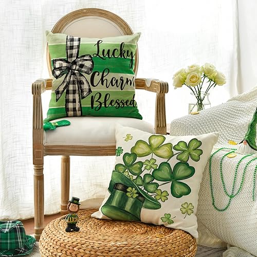 Miniatura 2 de AVOIN colorlife Happy ST Patricks Day - Juego de 4 fundas de almohada con diseño de trébol y sombrero bendecido con diseño de tréboles, 18 x 18
