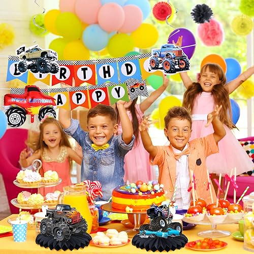 Miniatura 7 de Skylety Monster Truck Suministros para fiesta de cumpleaños de camión, pancarta de cumpleaños, triángulo, banderines, espirales colgantes, globos