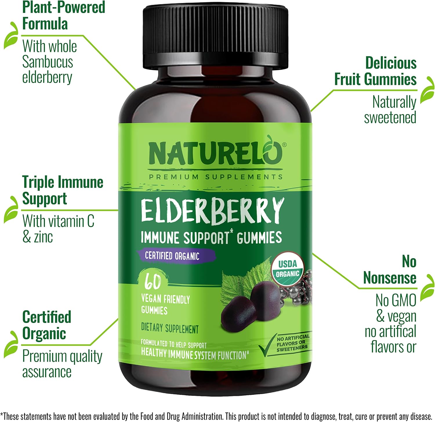 NATURELO Elderberry Gummies – Immune Support with Sambucus Elderberry + Vitamin C + Zinc – Certified Organic