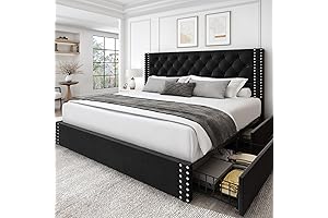 King Size Bed Frame with Storage and Tufted Headboard