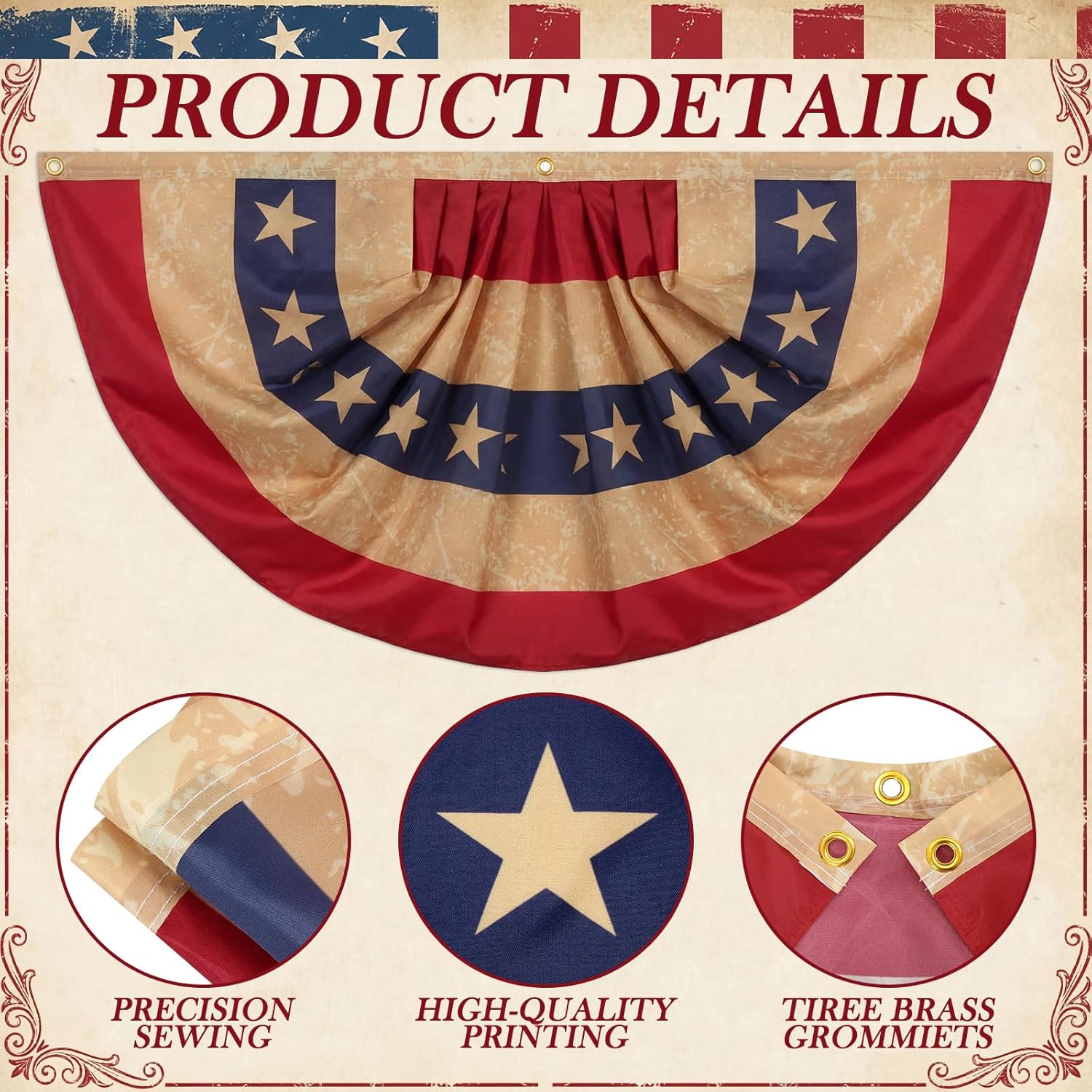 Fanfanwin 6 Pcs Tea Stained Patriotic Bunting Flags 2x4 ft 250th Anniversary Patriotic Decorations Hanging American Half Fan Flag Banner for Outside Independence Day Memorial Day with Brass Grommets
