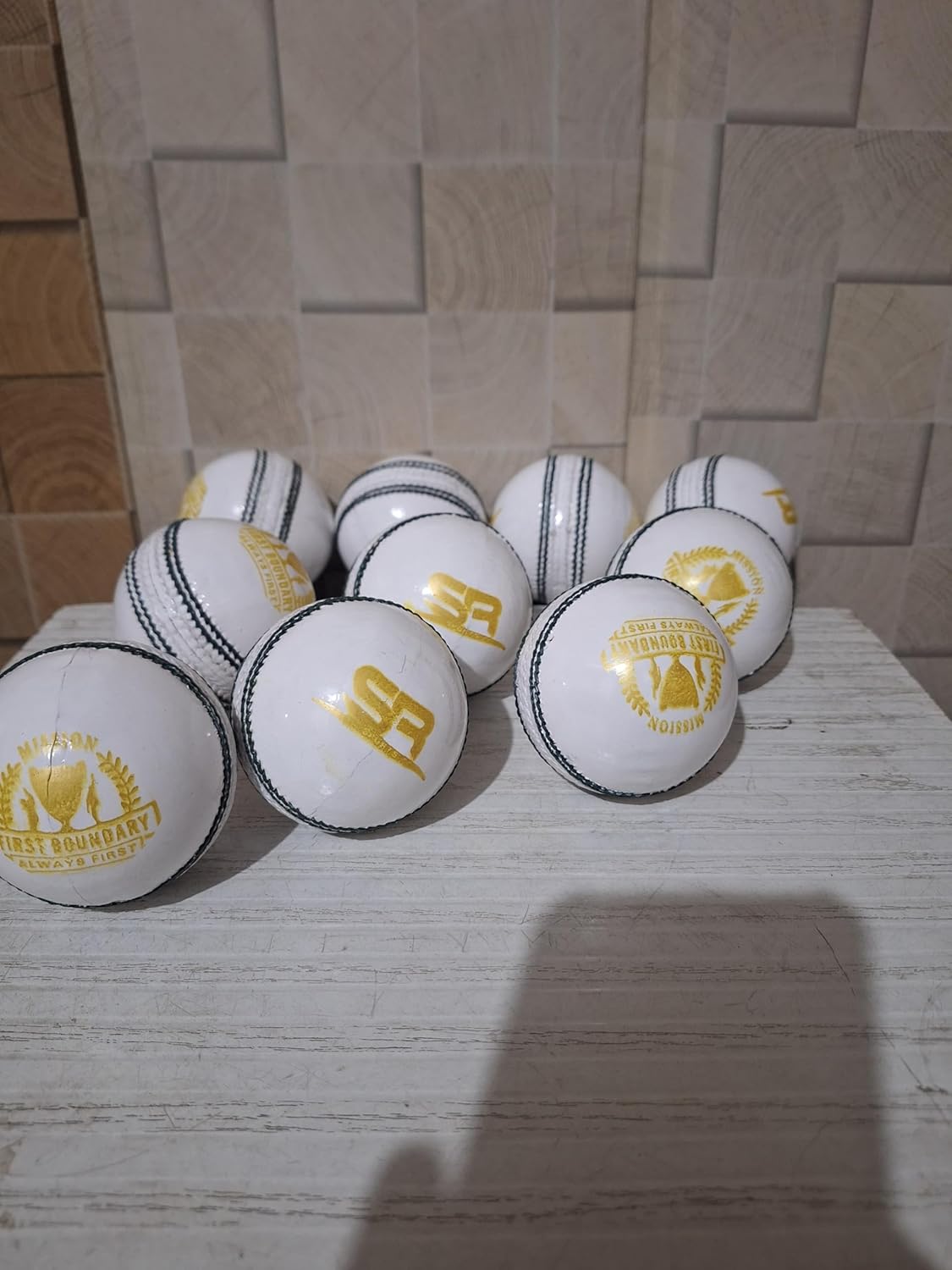 Professional White Cricket Balls with Gold Stamping, Leather Match Quality, Dark Green Seam 50 Over Pack of 6