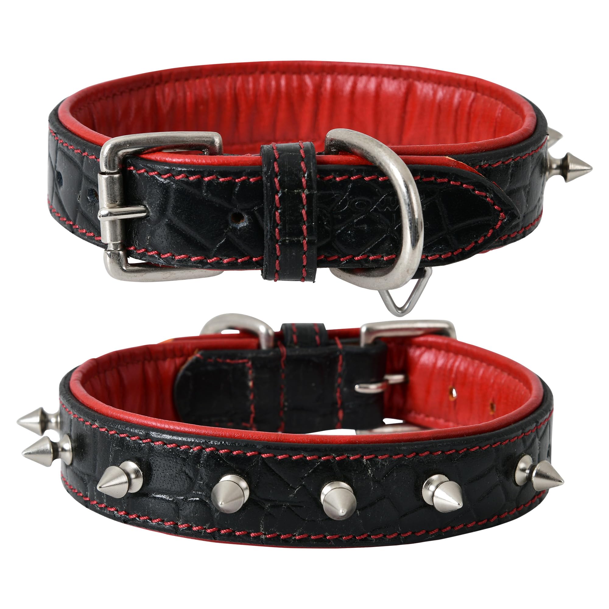 DowgClub Spiked Leather Dog Collar – 1 Inch Wide Full Grain Bridle Leather, Crocodile Pattern, Heavy Duty Padded Design – for Small Breeds (Onyx Black, S (Fit Neck 11.5"-14.5"))