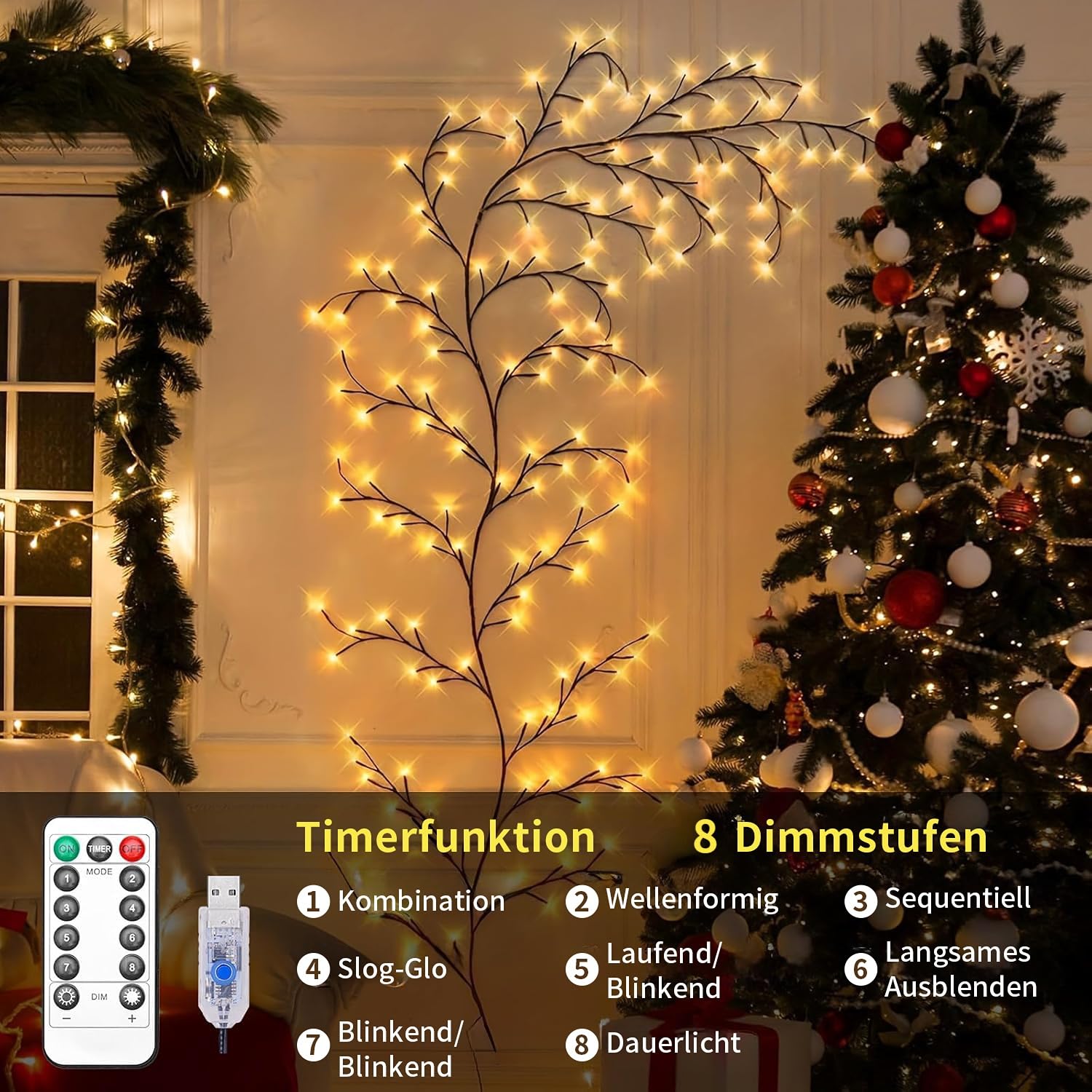 gresonic Catena luminosa Willow Vine, 8 modalità, USB, vite di salice con telecomando, timer, 144 LED pieghevoli, rami di alberi artificiali, decorazione da parete per interni (bianco caldo, 2pack)