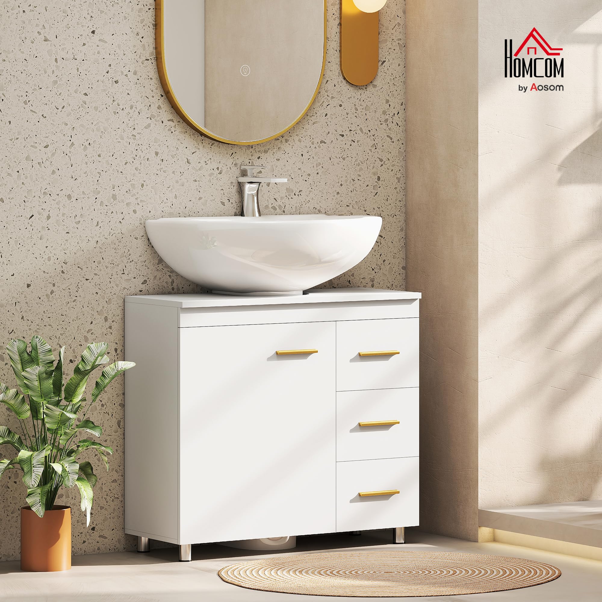 HOMCOM Mobile Sottolavabo per Bagno Salvaspazio 70x30x65cm Bianco | Intaglio a U, Armadietto a 3 Ripiani Soft Close, Mobiletto con 3 Cassetti, per Lavabi con o senza Piedistallo