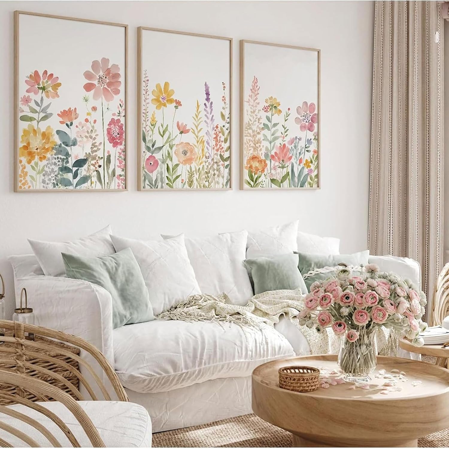 3Pcs Wildflower watercolor Bouquet Canvas Wall Art Boho Nursery Botanical Floral Wall Decor Pictures Forest Flower Posters Prints for Living Room Classroom Bedroom Decoration Unframed