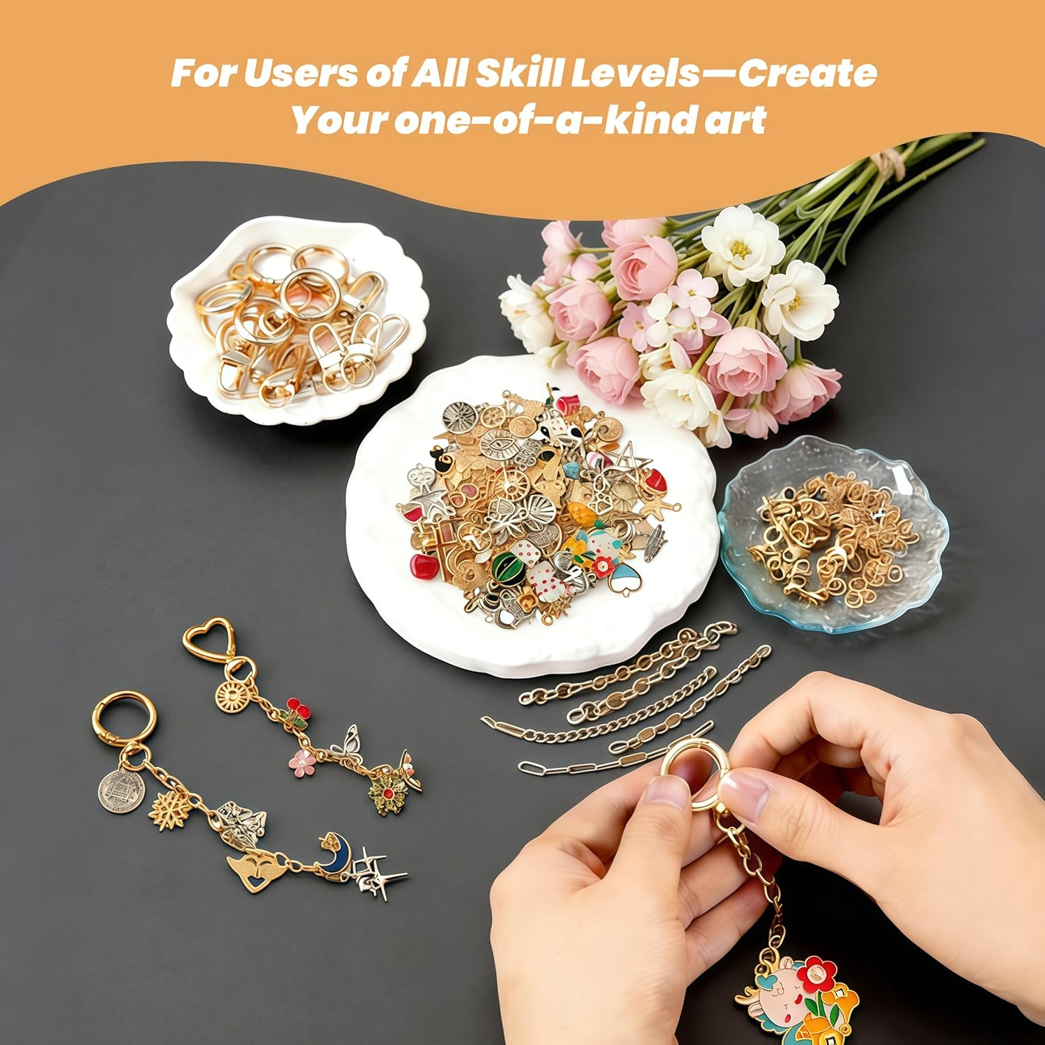 Rzysurt 544 Pcs DIY Lip Gloss Keychain Making Kit, Bag Charm Craft Supplies with 24 Key Chain Hooks, 25 Extender Chains, 196 Charms, 250 Jump Rings, Pliers & Puncher for Jewelry Accessories (544 PCS) - Image 4