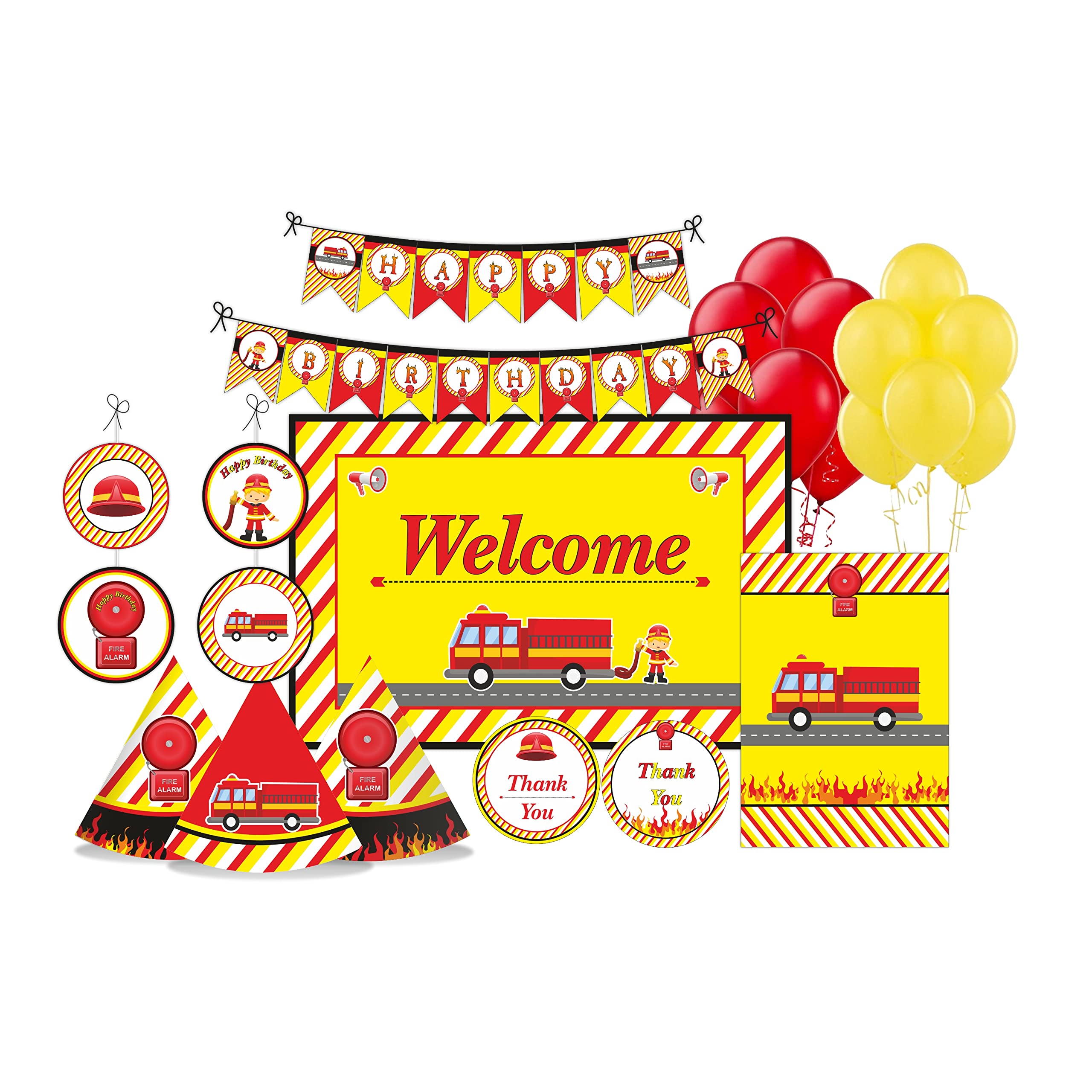 PRETTY UR PARTY Fire Truck Party Decorations Kit - 80 Pcs Includes Banner,Balloons,Thank You,Centerpiece,Danglers,Fire Truck Birthday Party Supplies,Birthday Party Decor,Birthday Banner For Boys Kids