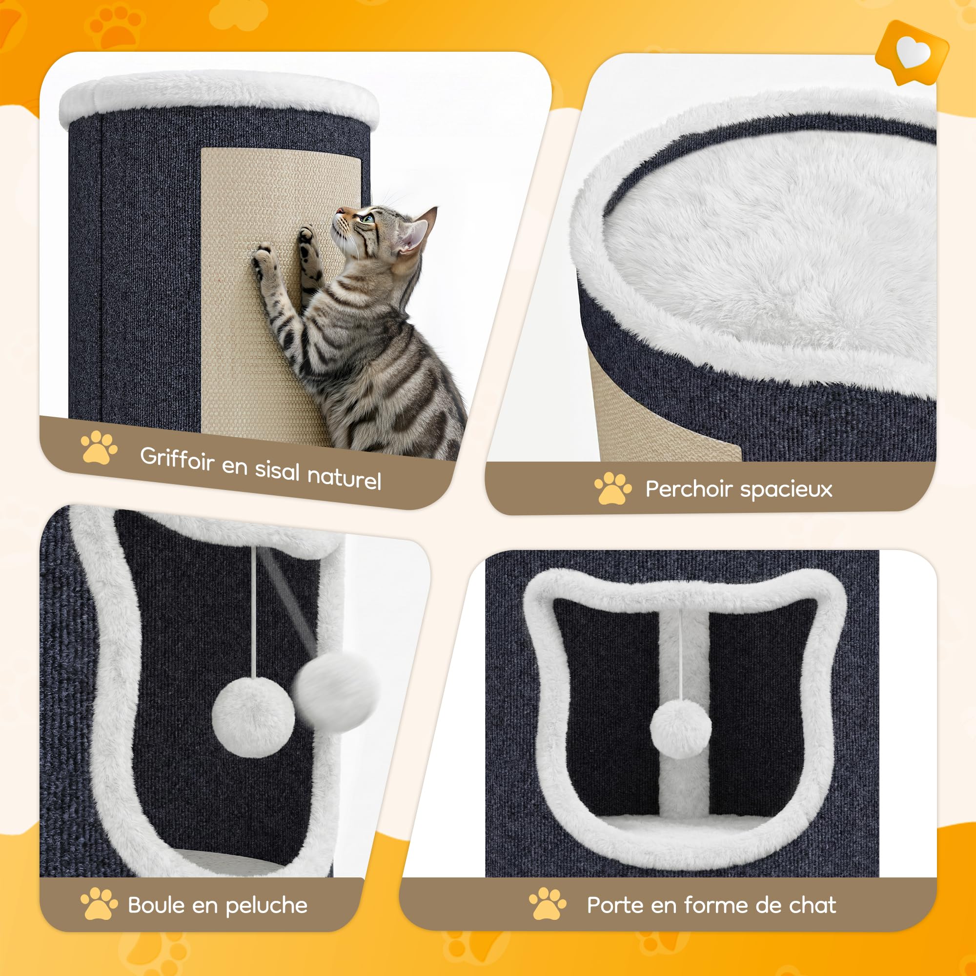 Maison pour Grand Chat, capacité Charge 30 kg, lit Confortable avec griffoir et Balle Jeu, Forme cylindrique, Convient aux Chats Taille Moyenne à Grande, Gris, Couche