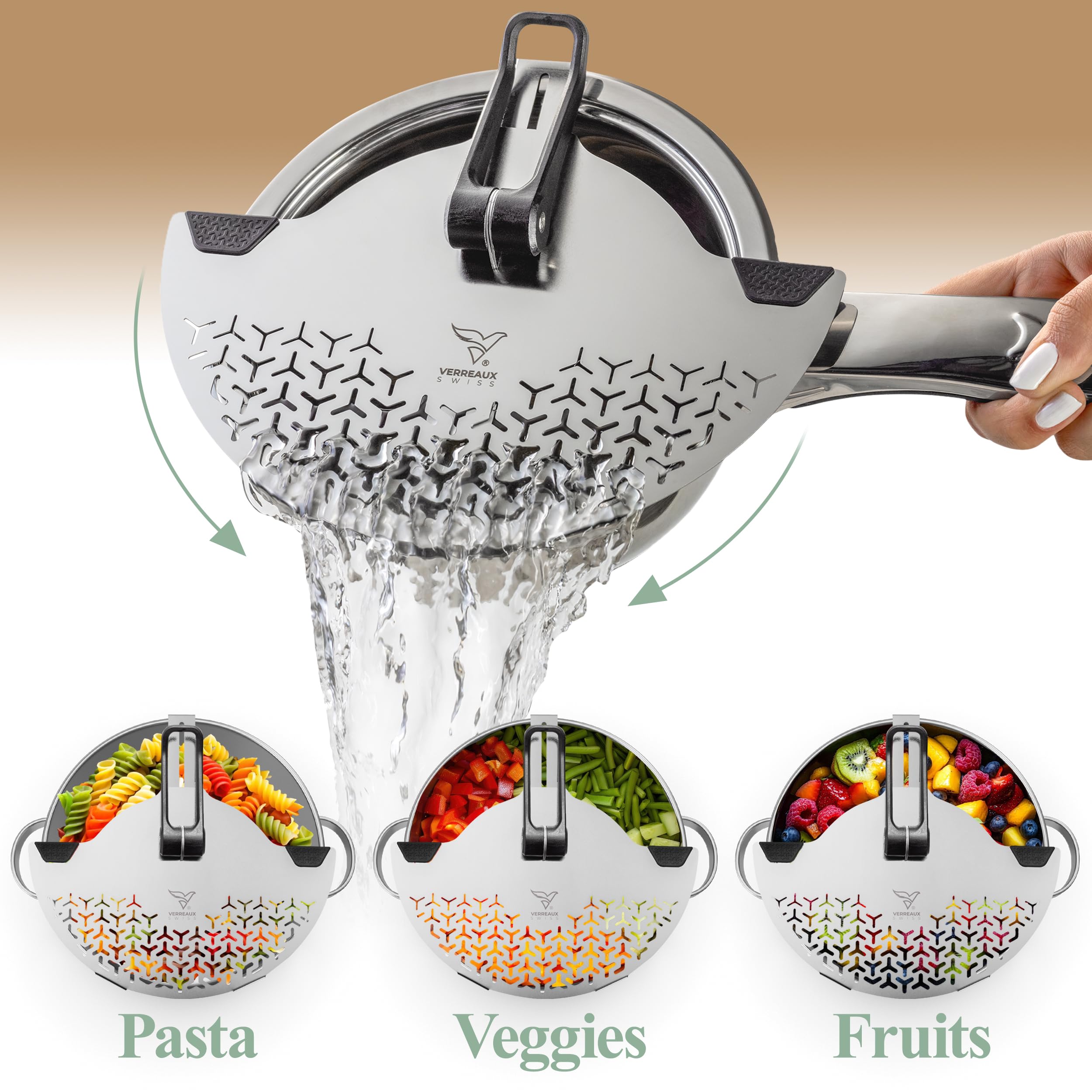 Scolapasta compatto con clip per pentole, si adatta a tutti gli scarichi, colino per pasta in acciaio inox di alta qualità, semplifica la preparazione dei pasti