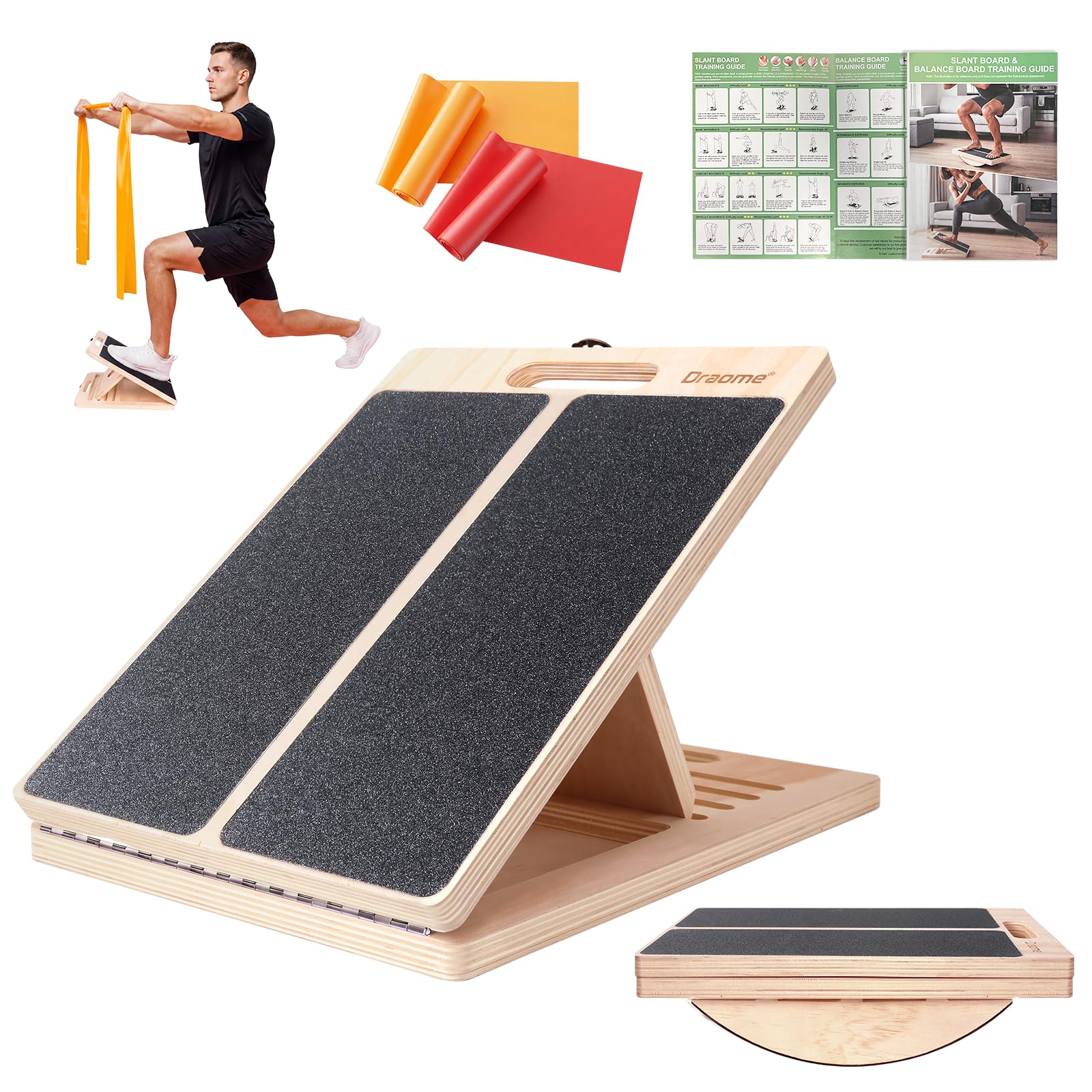 Draome 2 in 1 Balance Board & Slant Board, Adjustable Wooden Calf Stretch Board with Training Poster & 2 TPE Bands, 330 Lbs Weight Capacity Board for Body Balance Training, Calf Muscle Stretching