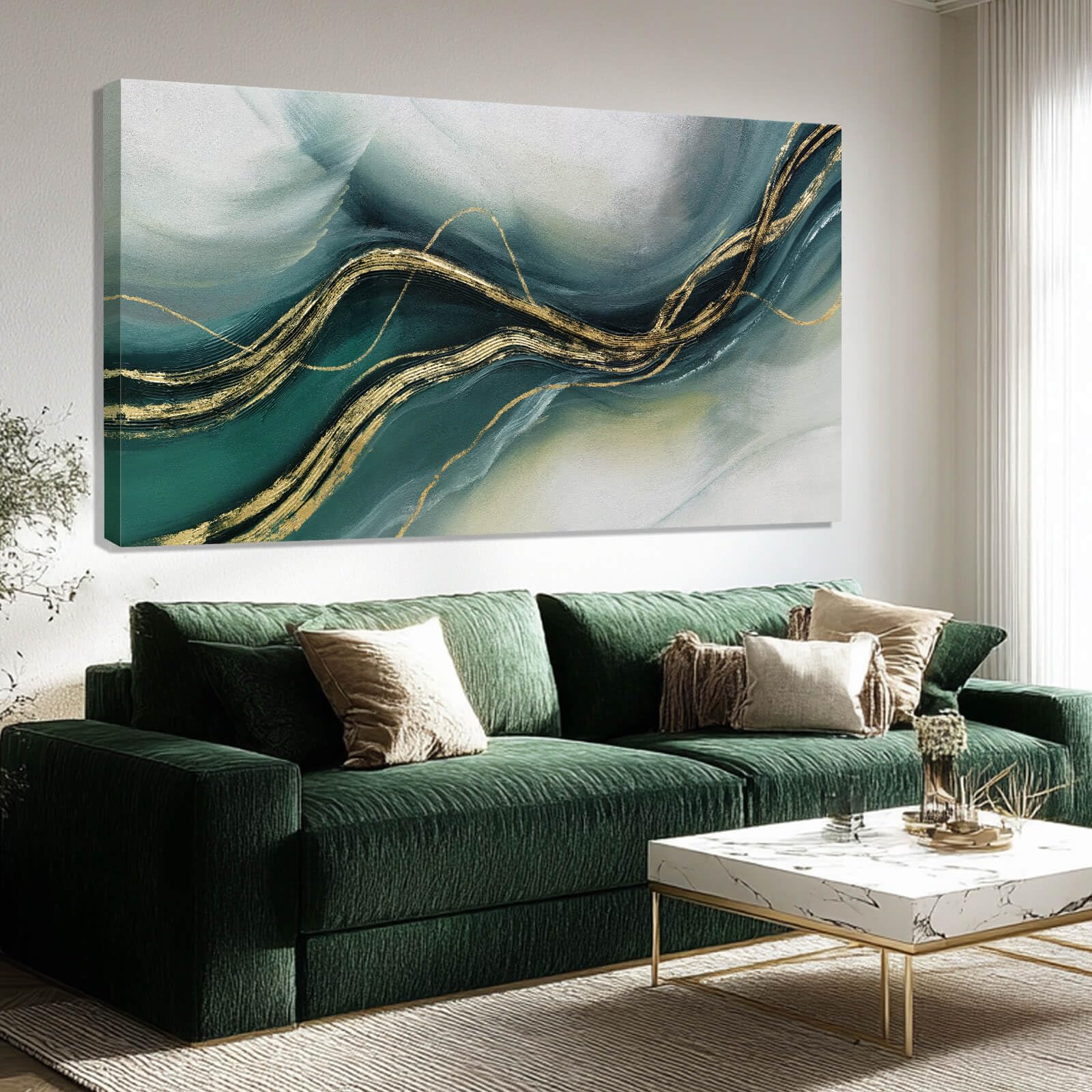 ZENPEE Gold Home Decor, Canvas Wall Art, Green Large Abstract Art for Living Room, Office, Bedroom &amp; Dining Room, 24" x 48"