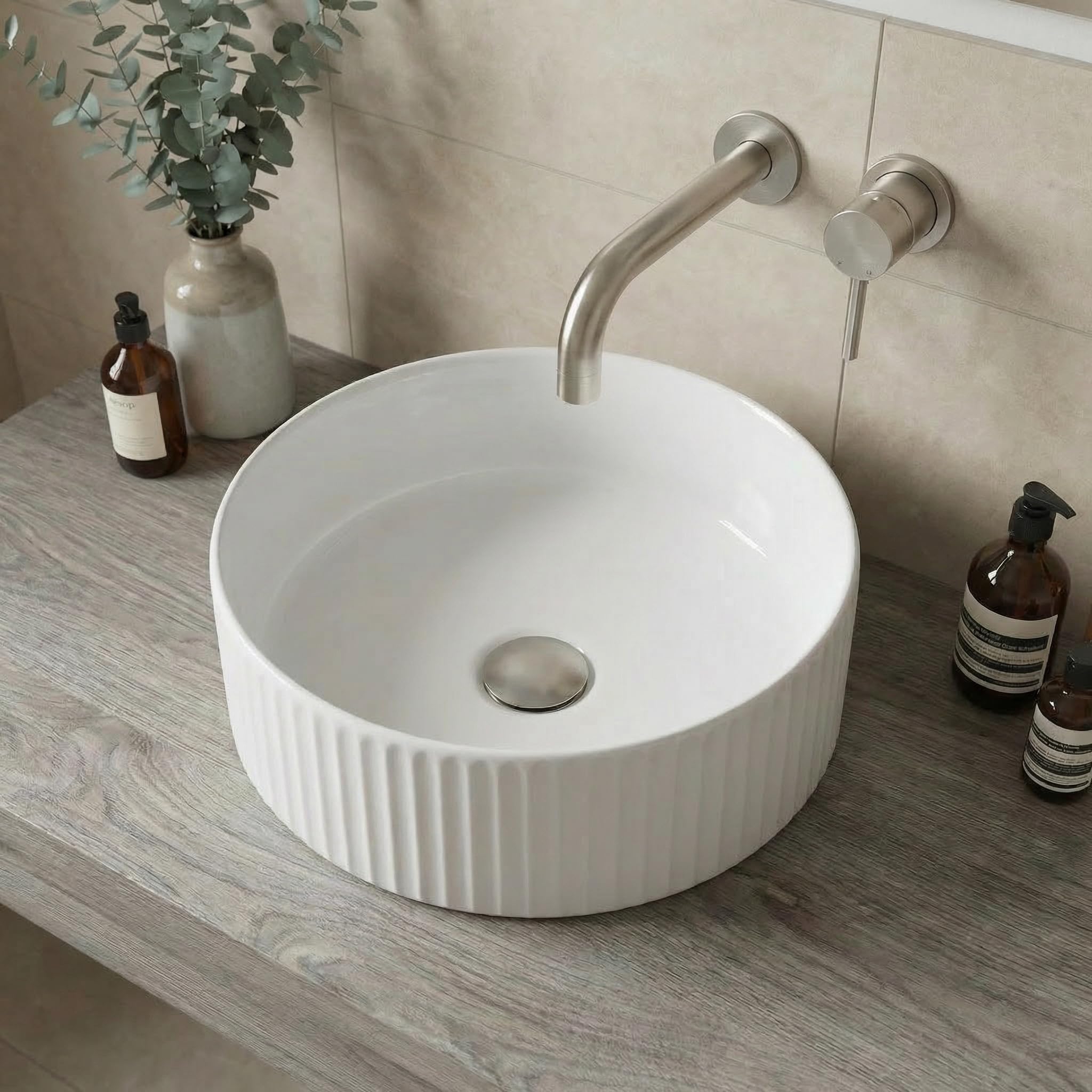 Baystone White Gloss Fluted Countertop Basin Sink, Gloss White Round Ceramic Bathroom & Cloakroom Wash Basins, Modern Designer Vanity Bowl, 360 X 360Mm