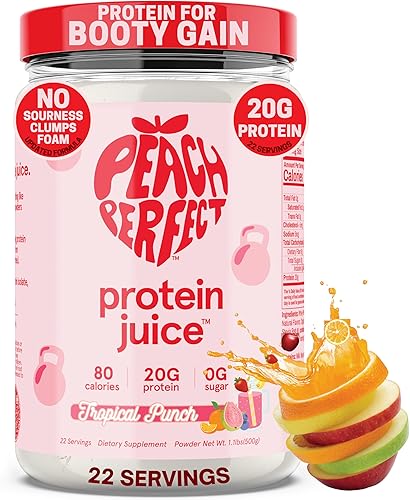 Peach Perfect Jugo de proteína en polvo l 22 porciones l Proteína en polvo para mujeres, constructor muscular y control de peso, ponche tropical,