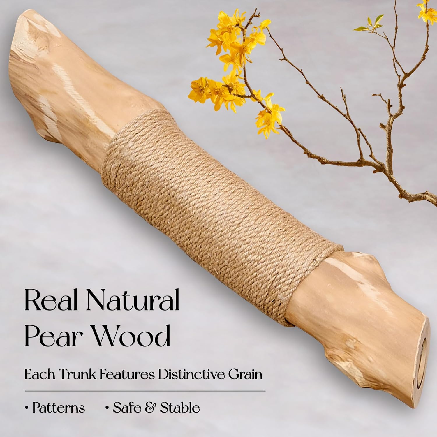 797Audio Natural Real Wood Cat Tree, Modern Solid Wood Cat Tower for Indoor Cats, 33“ Pear Wooden Branch Aesthetic Cat Tree with Scratching Post & Hanging Plush Ball for Adult Kittens-Khaki