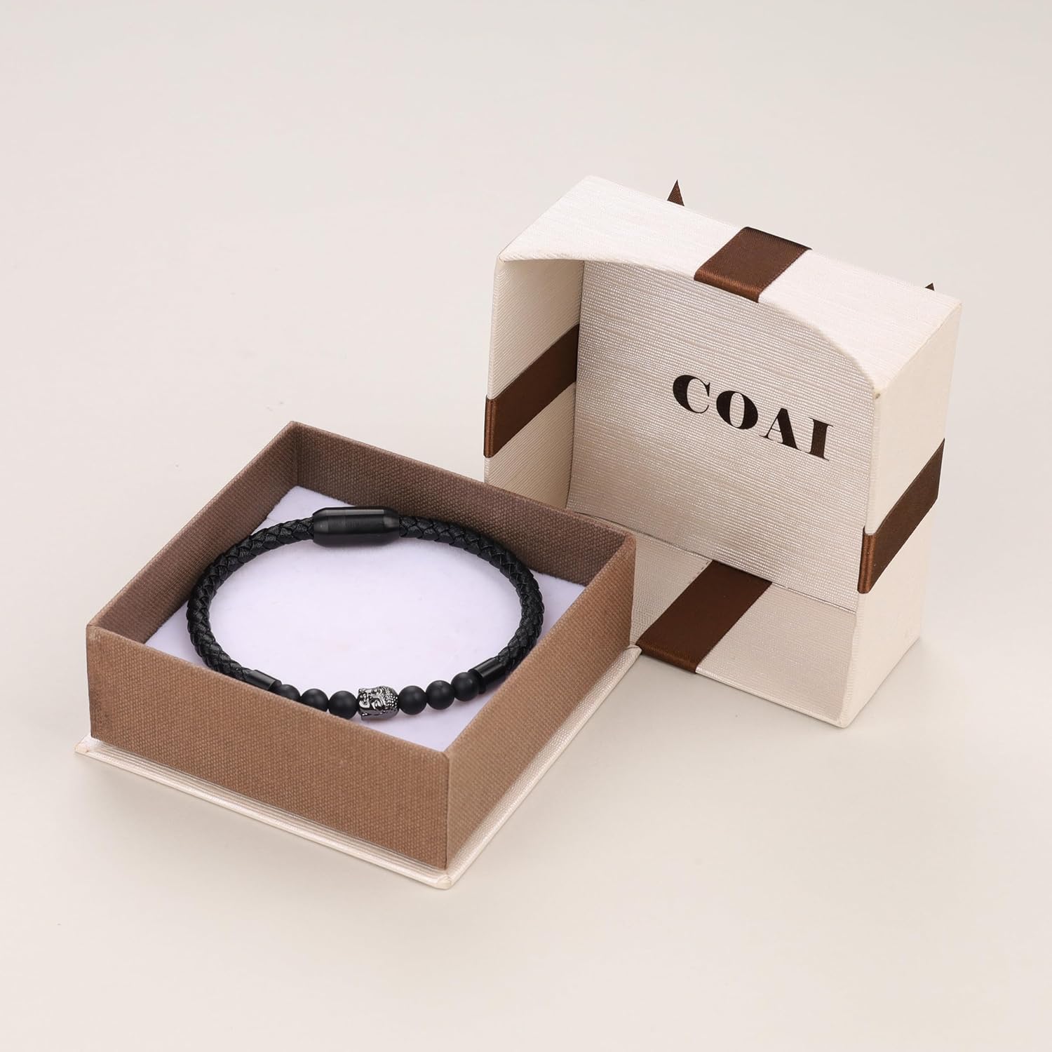 COAI Matte Onyx Beaded Leather Bracelet for Men Women, Buddha Prayer Bracelet for Men Women