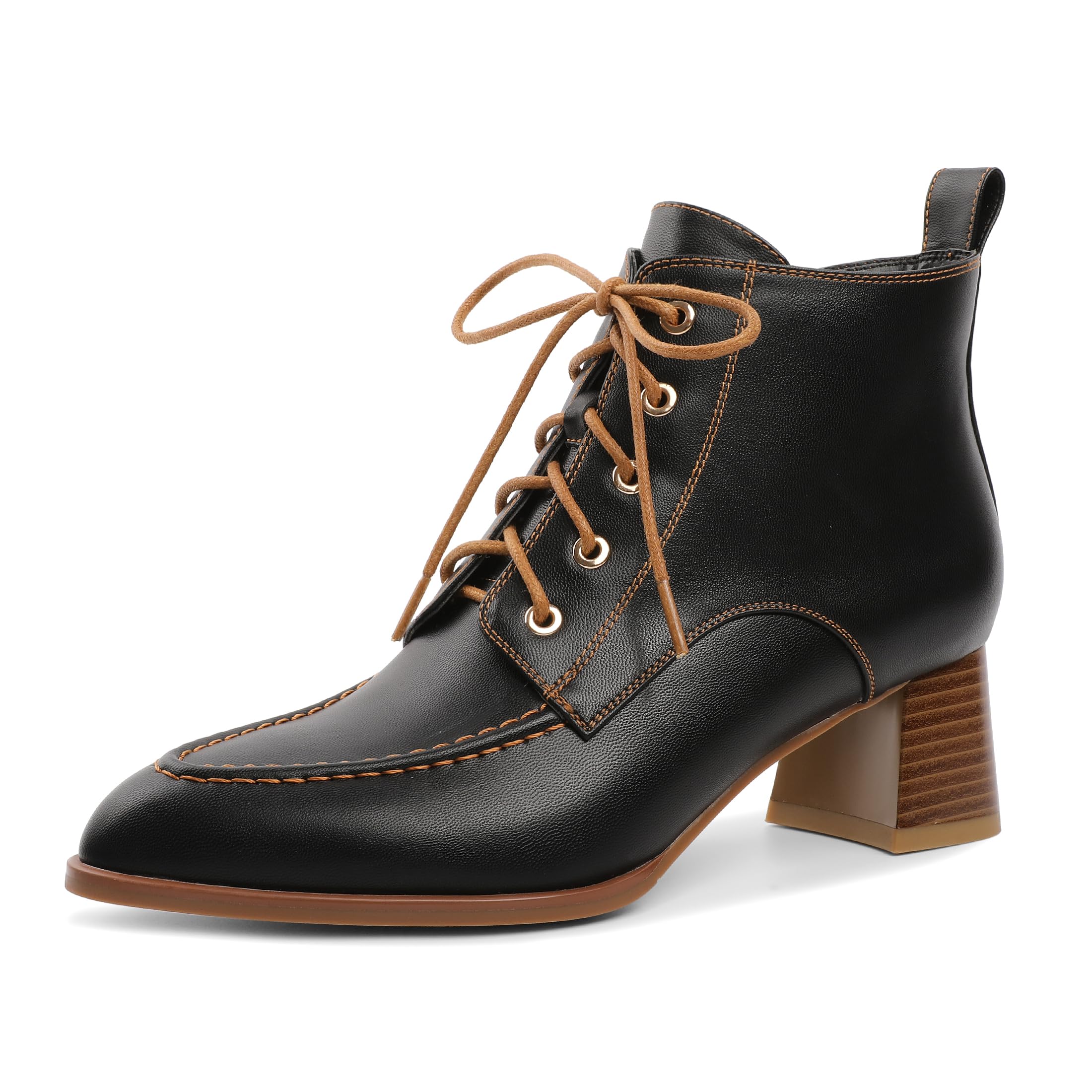 Womens Ankle Boots Pointed Toe Low Chunky Heel Block Heel Booties Lace Up Comfortable Boots 2 Inches