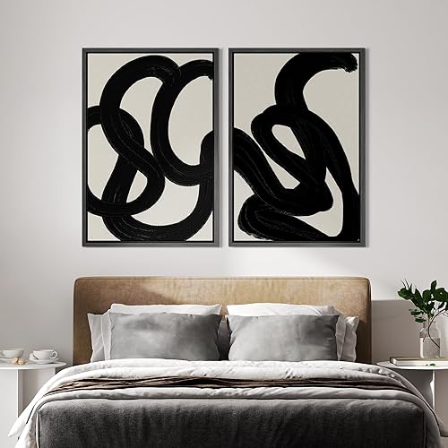 Miniatura 3 de IDEA4WALL Lienzo enmarcado para pared, juego de arte moderno de mediados de siglo, trazos de pintura negra, ilustraciones con formas abstractas,