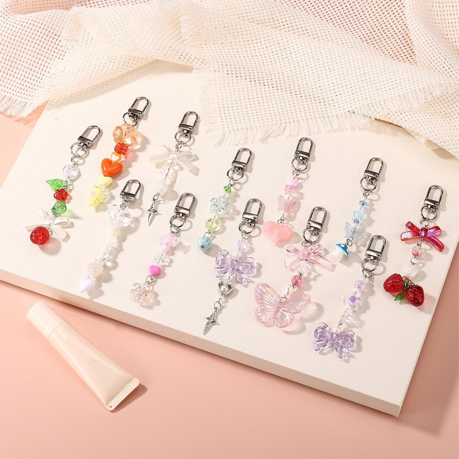 Lip Gloss Charms Keychain Making Kit, Diy Cute Balm with Pliers Thread Pick Ring Purse Bag Charm Jewelry for Women