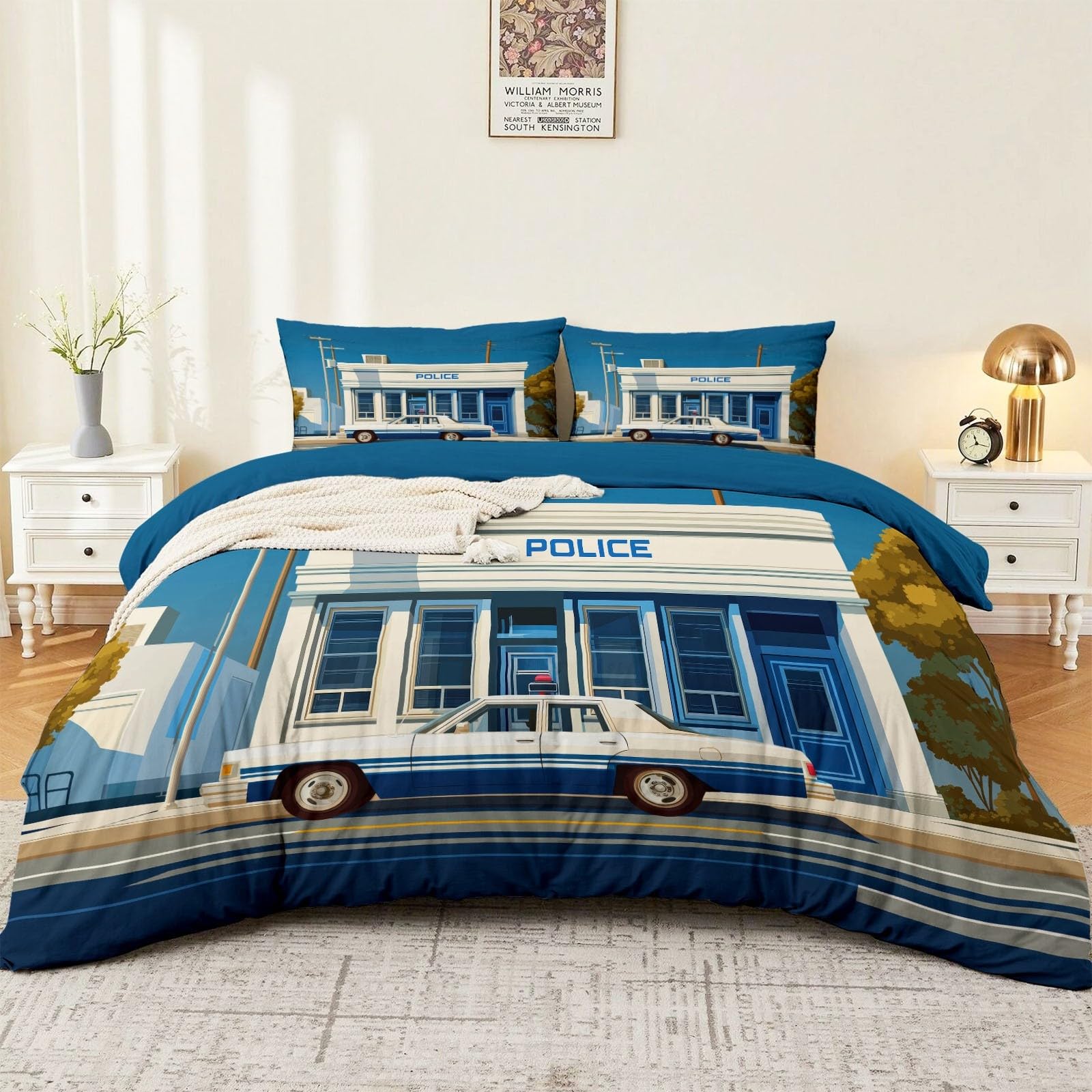 Pokrowiec retro samochód policyjny zestaw 3 sztuki 2 poszewki na poduszki, 220 x 240 cm niebieski zestaw poszewek na kołdrę dla dzieci dziewczynek, nadruk z mikrofibry zamek błyskawiczny