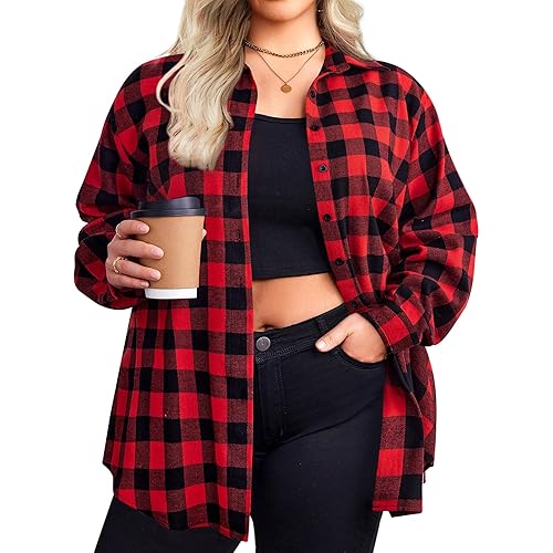 Zeagoo Womens Plus Size Flannel Shirt Plaid Shirts Long Sleeves Casual Button Down Collared Shacket Tops 16W-26W